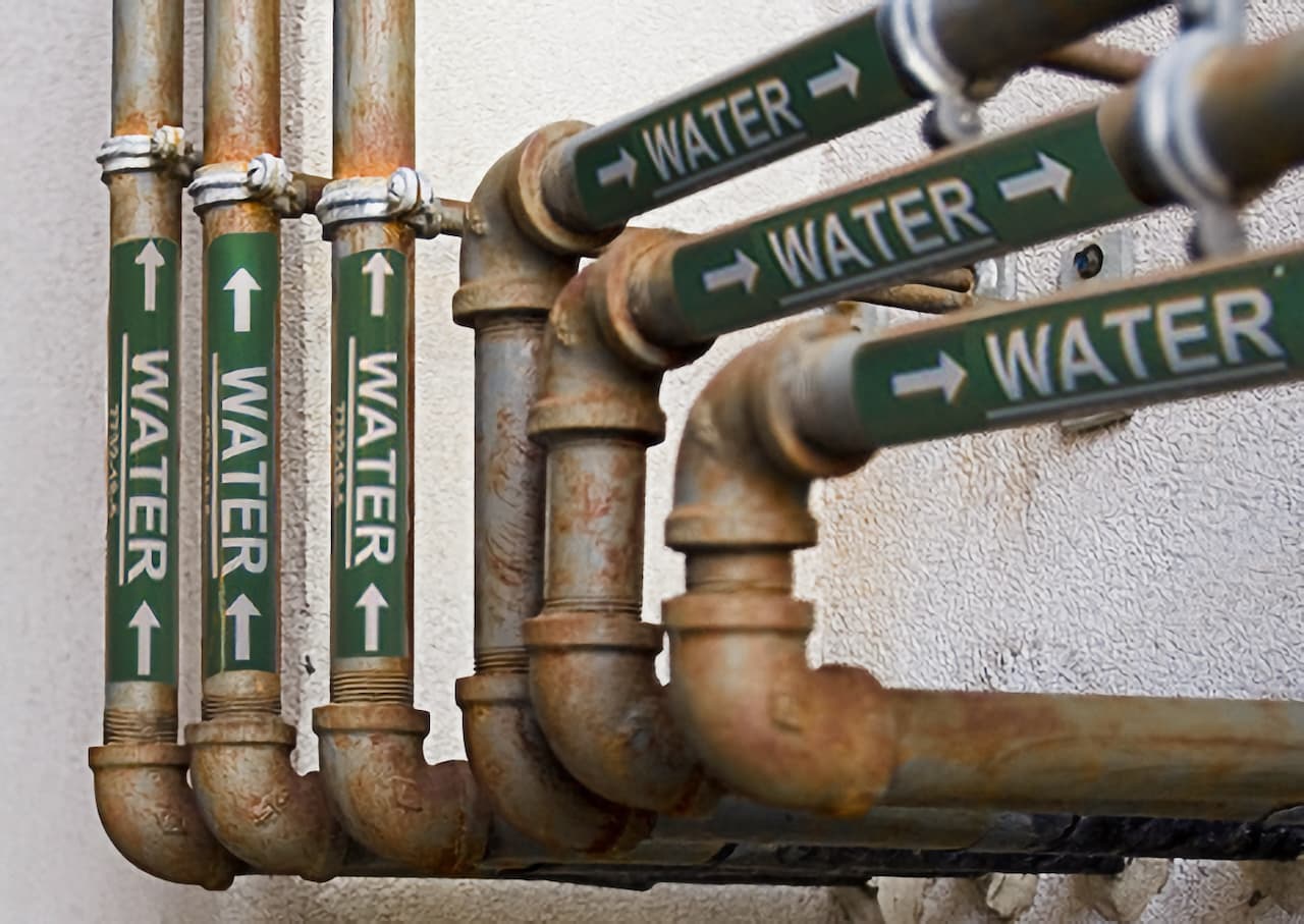 Etiqueta en tubería industrial señalando el flujo de agua