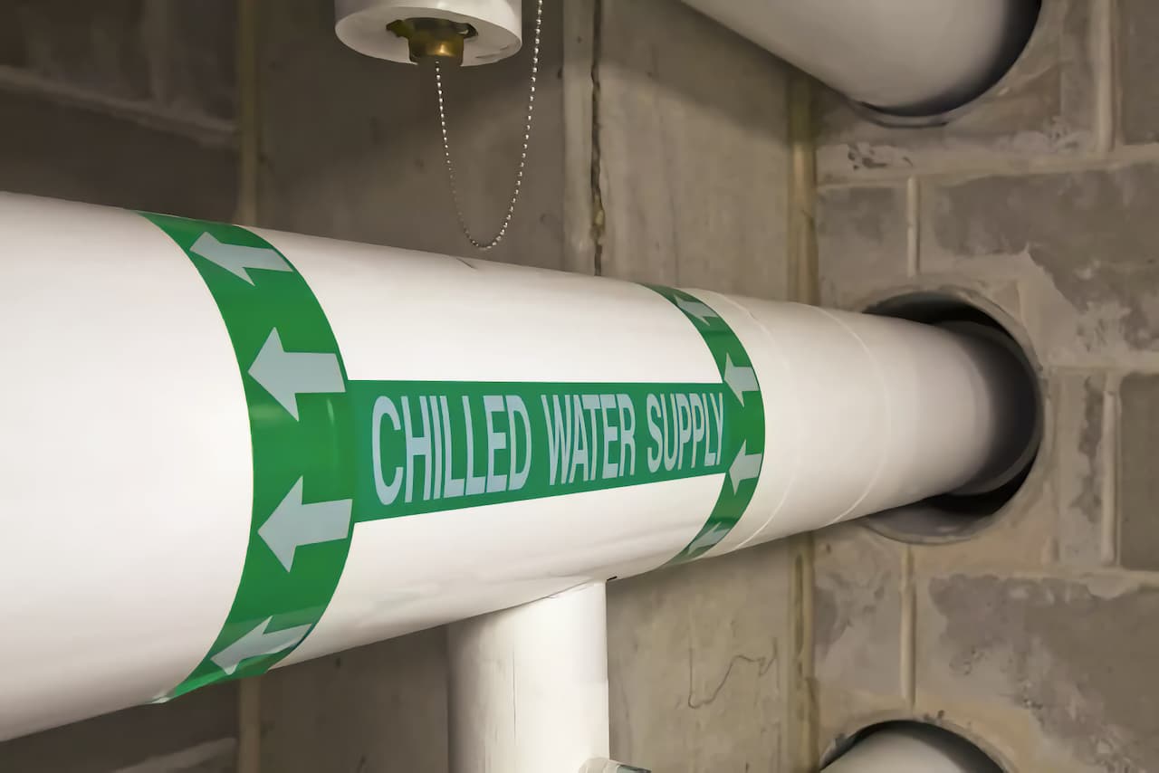 Etiqueta en tubería industrial señalando el flujo de agua